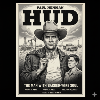 Poster for the film "Hud," featuring a man in a cowboy hat and a younger man in the background.