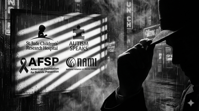 Silhouette of a person wearing a hat, with shadows and logos in the background.