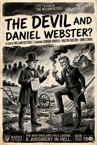 Vintage movie poster for "The Devil and Daniel Webster," featuring shadowy figures and text.